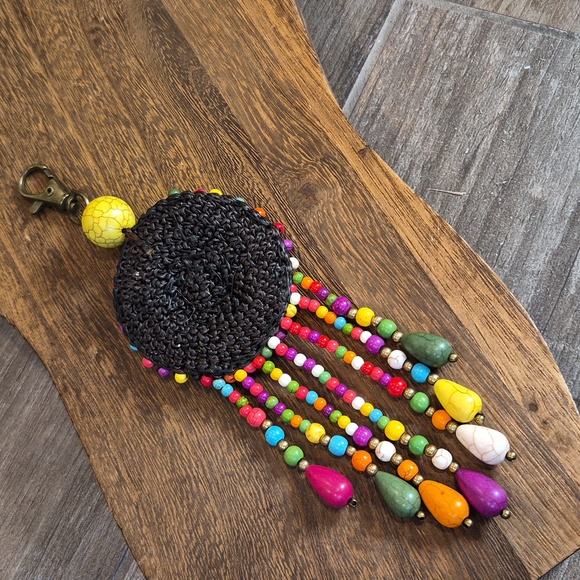 Colorful Bohemian Beaded Fringe Keychain Bag Charm Antique Bronze Hardware - Picture 2 of 8